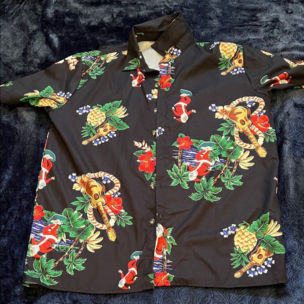 Surfing Santa Pineapple Ukulele Hawaiin Tropical Black Shirt (Men’s M)